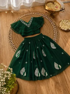 Girls Lehenga Choli Set Layered Ruffle Blouse - Emerald Green