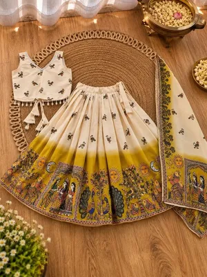 Girls Cream & Yellow Printed Lehenga Choli Set with Dupatta