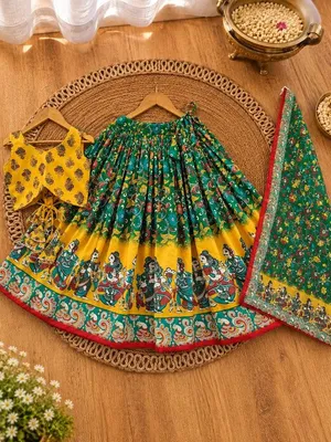 Girls Yellow & Green Printed Lehenga Choli Set with Dupatta