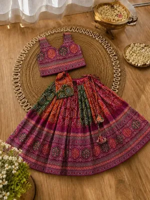 Girls Bandhani Lehenga Choli Set – Multicolor Festive Ethnic Wear