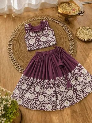Royal Embroidered Lehenga Set for Girls - Plum Purple