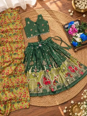 Girls Dark Green & Mustard Printed Lehenga Choli Set with Dupatta