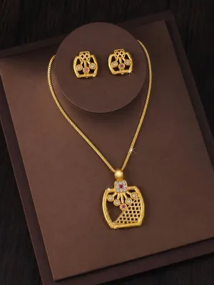 Gold Fan Shape Pendant Set with Ruby & CZ Stones