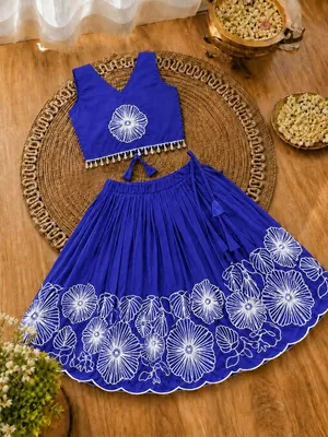 Girls Floral Embroidered Lehenga Choli Set - Blue