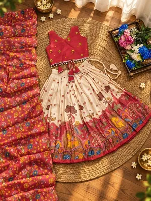 Girls Cream & Red Printed Lehenga Choli Set with Dupatta