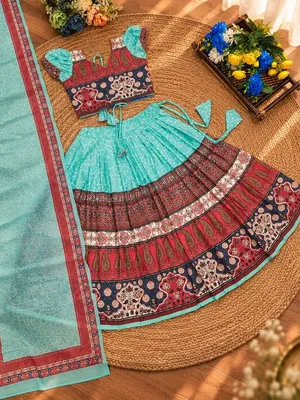 Girls Turquoise & Maroon Printed Lehenga Choli Set with Dupatta