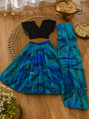Girls Peacock Print Lehenga Choli Set with Dupatta - Black & Blue