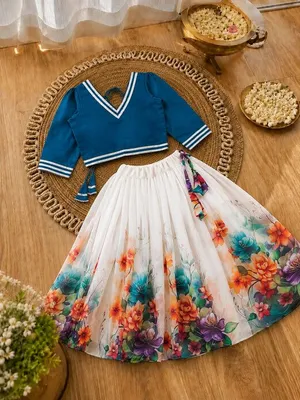 Girls Floral Lehenga Choli Set - Blue