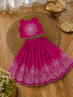 Girls Floral Embroidered Lehenga Choli Set - Rani Pink