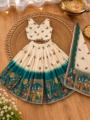 Girls Cream & Teal Printed Lehenga Choli Set with Dupatta