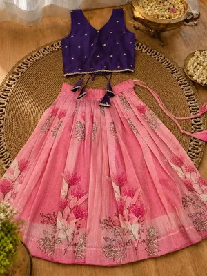Girls Purple & Pink Floral Lehenga Choli Set