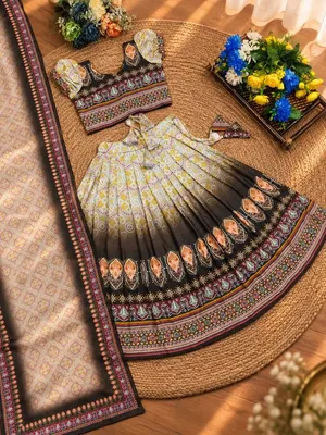 Girls Cream & Black Printed Lehenga Choli Set with Dupatta