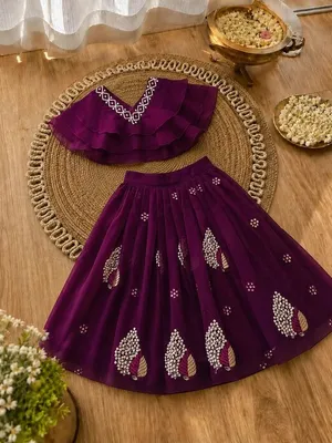 Girls Lehenga Choli Set Layered Ruffle Blouse - Wine Purple
