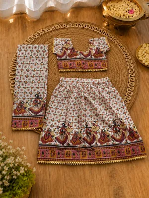 White Dandiya Garba Print Lehenga Choli Set – Girls Navratri Ethnic Wear