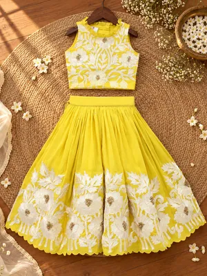 Royal Embroidered Lehenga Set for Girls - Yellow