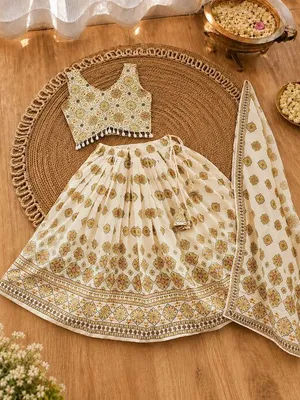 Girls Floral Yellow Print Lehenga Choli Set with Dupatta