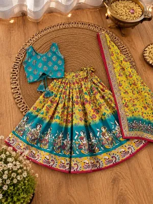 Girls Yellow & Teal Printed Lehenga Choli Set with Dupatta