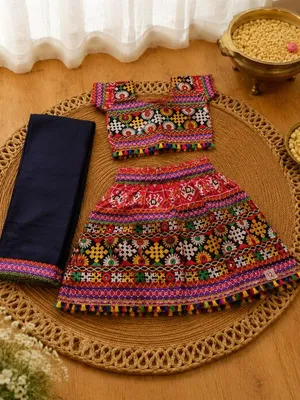 Pink Multicolor Embroidered Lehenga Choli Set with Navy Dupatta