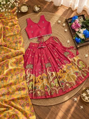 Girls Raspberry Pink & Mustard Printed Lehenga Choli Set with Dupatta