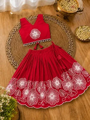 Girls Floral Embroidered Lehenga Choli Set - Crimson Red
