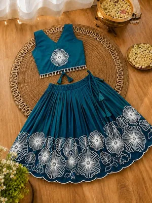 Girls Floral Embroidered Lehenga Choli Set - Teal Green