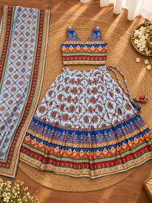 Girls Light Blue & Multicolour Printed Lehenga Choli Set with Dupatta