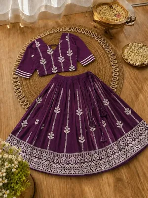 Girls Designer Ethnic Lehenga Set - Wine Purple