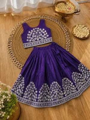 Girls Embroidered Lehenga Choli Set – Purple