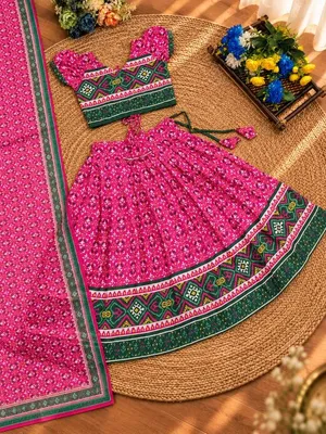 Girls Pink & Green Printed Lehenga Choli Set with Dupatta