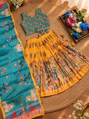 Girls Mustard Yellow & Teal Printed Lehenga Choli Set with Dupatta