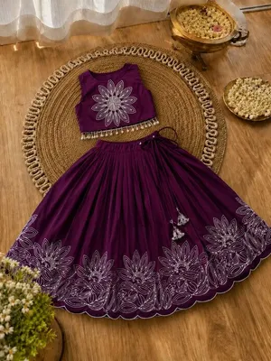 Girls Floral Embroidered Lehenga Choli Set - Wine Purple