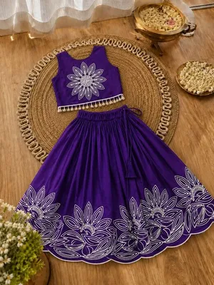 Girls Floral Embroidered Lehenga Choli Set - Deep Purple