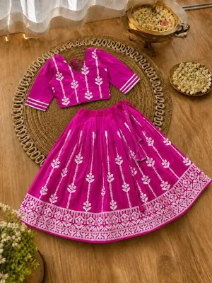 Girls Designer Ethnic Lehenga Set - Rani Pink