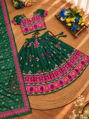 Girls Green & Pink Printed Lehenga Choli Set with Dupatta