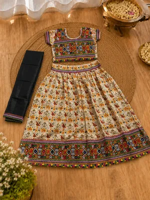 Cream Kaju Katri Patola Lehenga Choli Set with Black Dupatta
