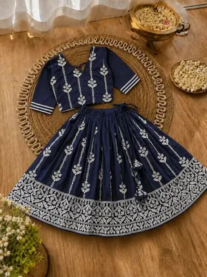 Girls Designer Ethnic Lehenga Set - Navy Blue