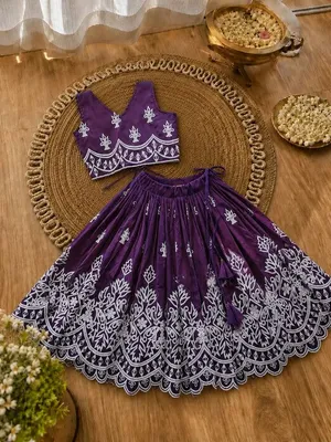 Girls Designer Embroidered Lehenga Choli Set - Wine Purple