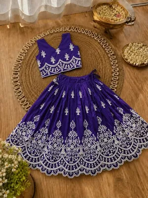 Girls Designer Embroidered Lehenga Choli Set - Royal Purple