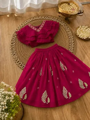 Girls Lehenga Choli Set Layered Ruffle Blouse - Rani Pink