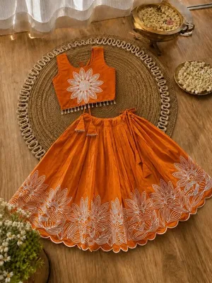 Girls Floral Embroidered Lehenga Choli Set - Rust Orange