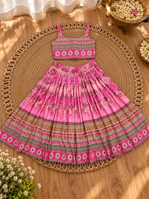 Girls Pink Printed Lehenga Choli Set