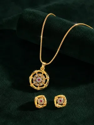 Gold Lattice Rectangle Pendant Set with Ruby & CZ Stones