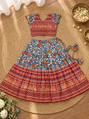 Girls Blue & Red Printed Lehenga Choli Set