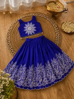 Girls Floral Embroidered Lehenga Choli Set - Royal Blue