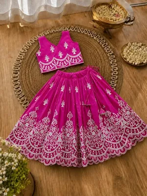 Girls Designer Embroidered Lehenga Choli Set - Rani Pink