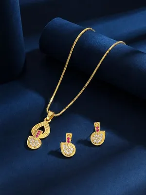 Gold Double Drop Pendant Set with Ruby & CZ Stones