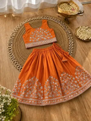 Girls Embroidered Lehenga Choli Set – Orange