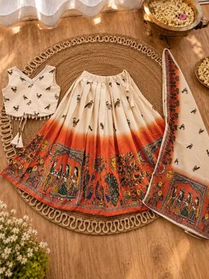 Girls Cream & Orange Printed Lehenga Choli Set with Dupatta