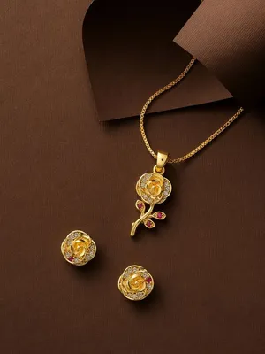 Gold Floral Circle Pendant Set with Ruby & CZ Stones