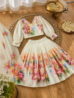 Girls Ivory Floral Printed Lehenga Set